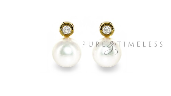 Gouden 8,5-9 mm Akoya parel oorstekers met diamant