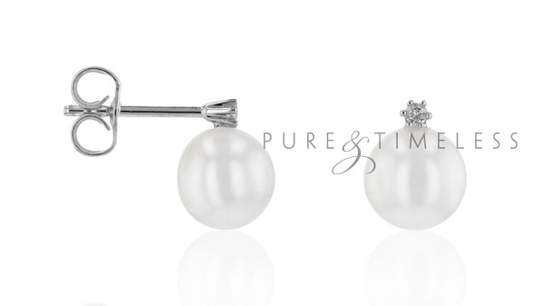 Oorstekers met diamant en zoetwater parel 6,5-7 mm witgoud