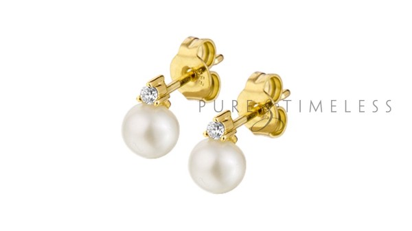 Oorknoppen met zoetwaterparel en diamant geelgoud