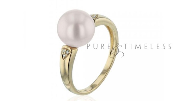 Gouden ring met 9-9,5 mm zoetwaterparel en diamant