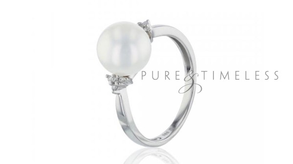 Witgouden ring met 9-9,5 mm zoetwaterparel en diamanten